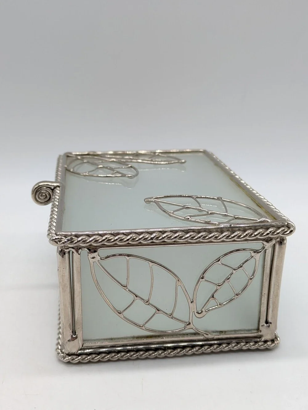 Frosted Glass Metal Leaf Design Rectangular Trinket Box